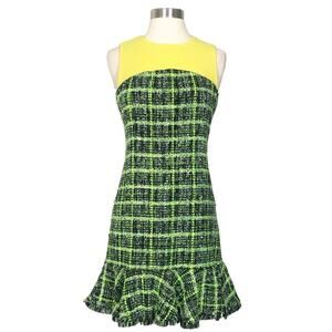 Moschino | Tweed Ruffle Neon Yellow Black Boucle Cheap & Chic Sleeveless Dress 8